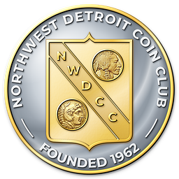 Northwest Detroit Coin Club emblem: NWDCC shield with two coins, founded 1962